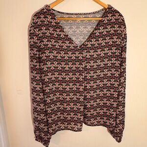 Loft Outlet - Black,Red and Green Patterned V-neck Blouse
